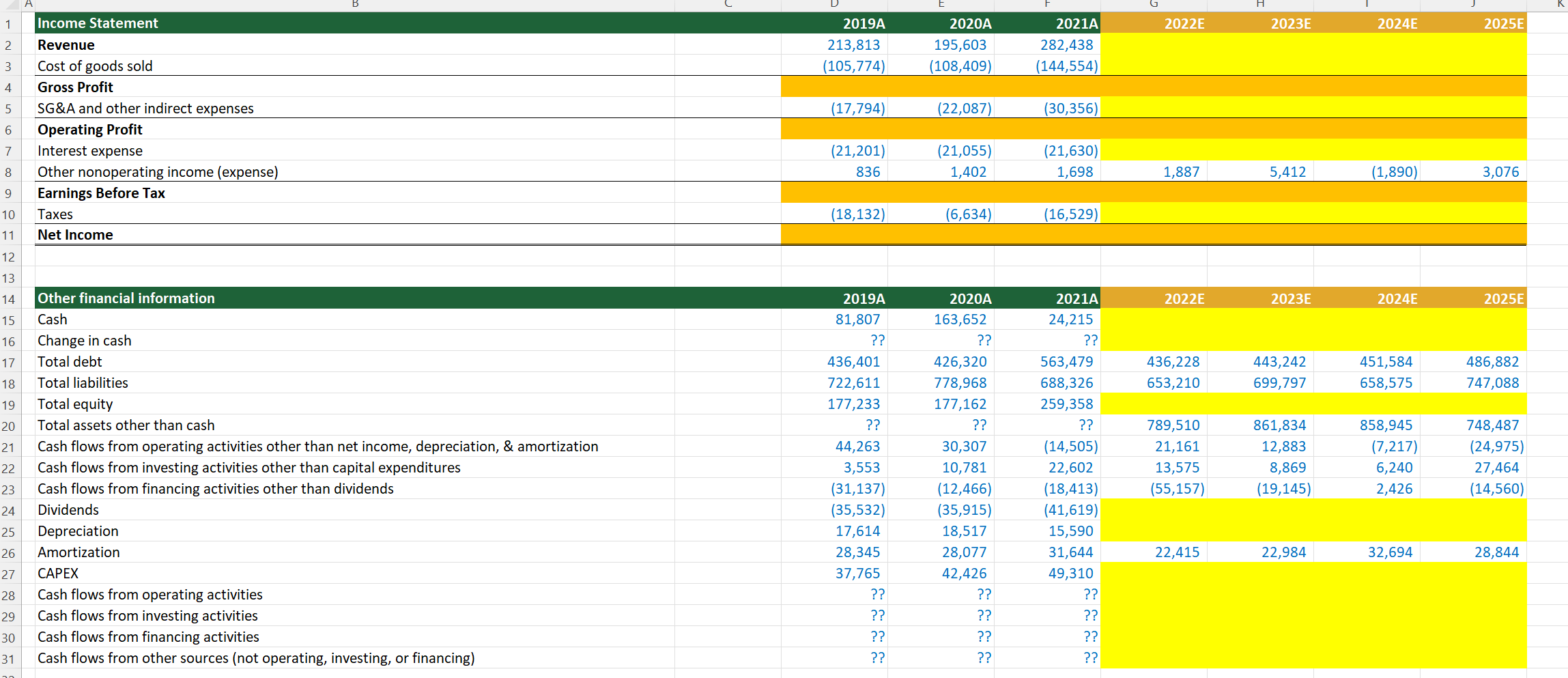 PLEASE SOLVE THE EMPTY YELLOW CELLS 