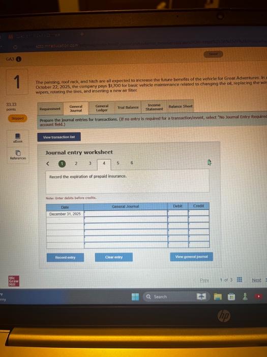 entry worksheet \begin{tabular}{ll|lll} \hline & 2 & 5 & 6 \end{tabular} Pecord