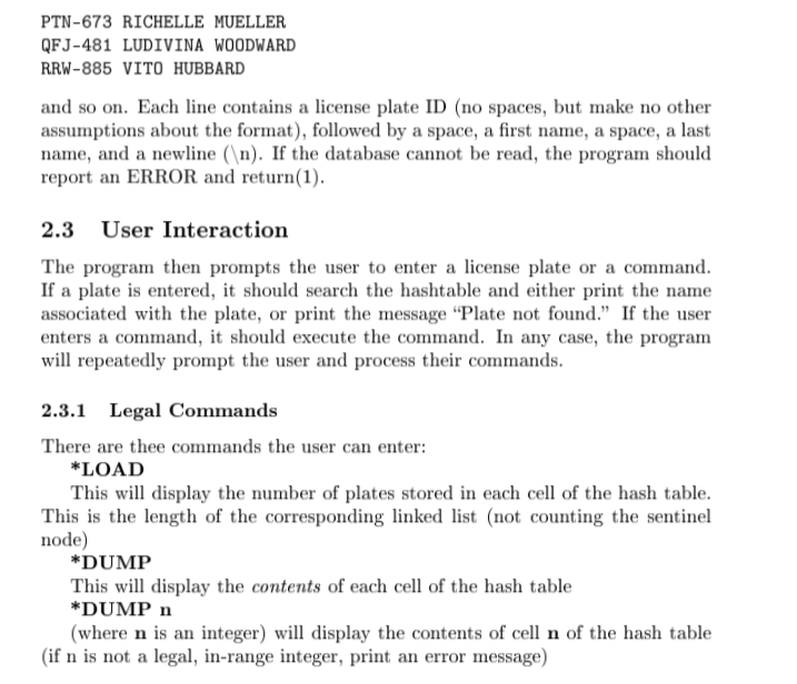 that can hash a database of license plates and names. After reading