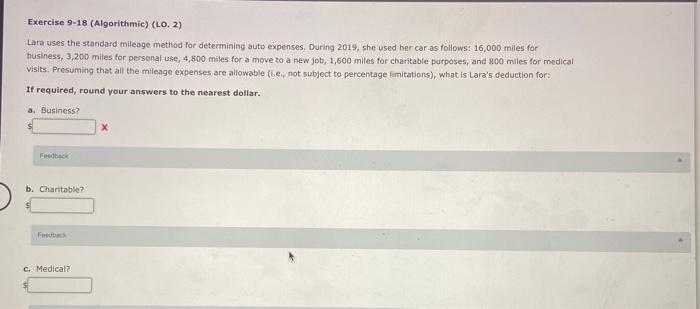  Exercise 9-18 (Algorithmie) (LO. 2) Lara uses the standard mileage method