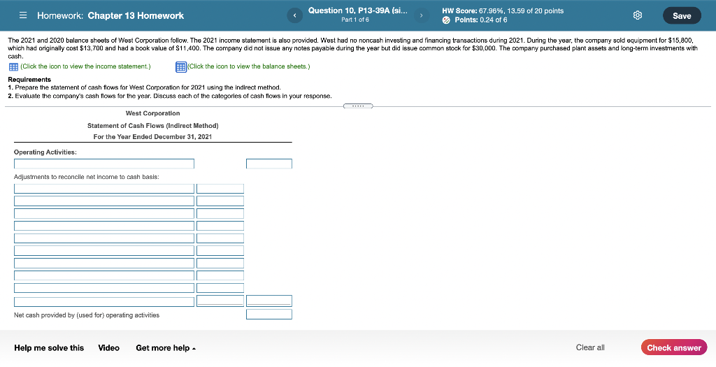 Help plz = Homework: Chapter 13 Homework Question 10, P13-39A (si... Part