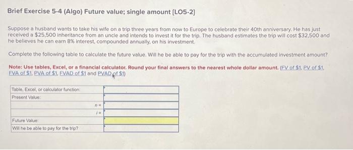  Brief Exercise 5-4 (Algo) Future value; single amount [LO5-2] Suppose a