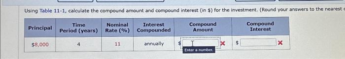  Using Table 11-1, calculate the compound amount and compound interest (in