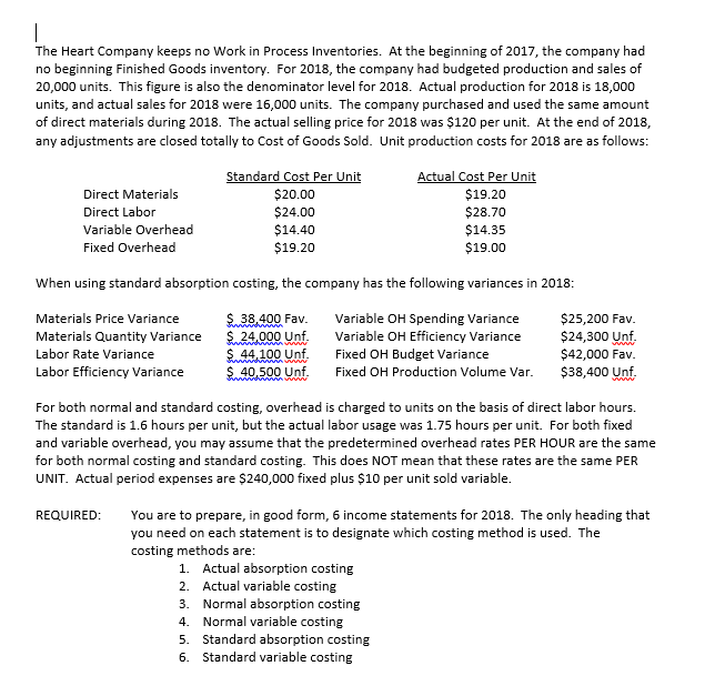  The Heart Company keeps no Work in Process Inventories. At the