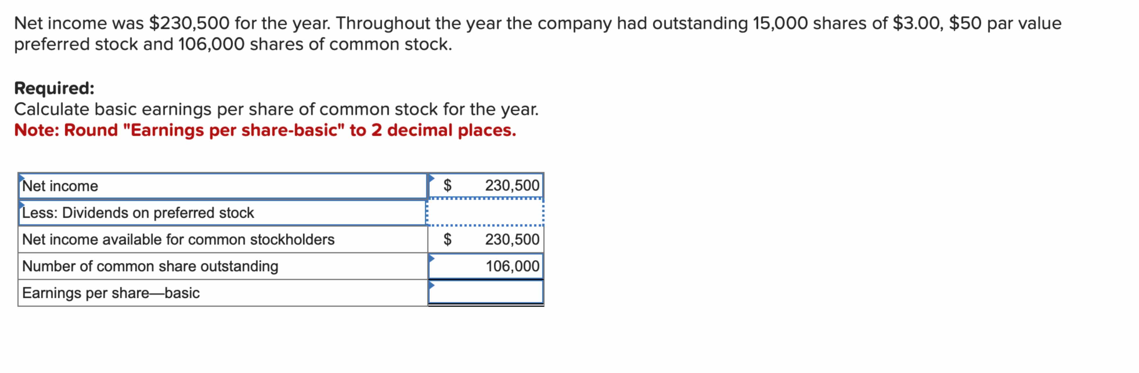  Net income was $230,500 for the year. Throughout the year the