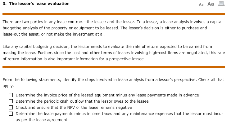  3. The lessor's lease evaluation Aa Aa There are two parties