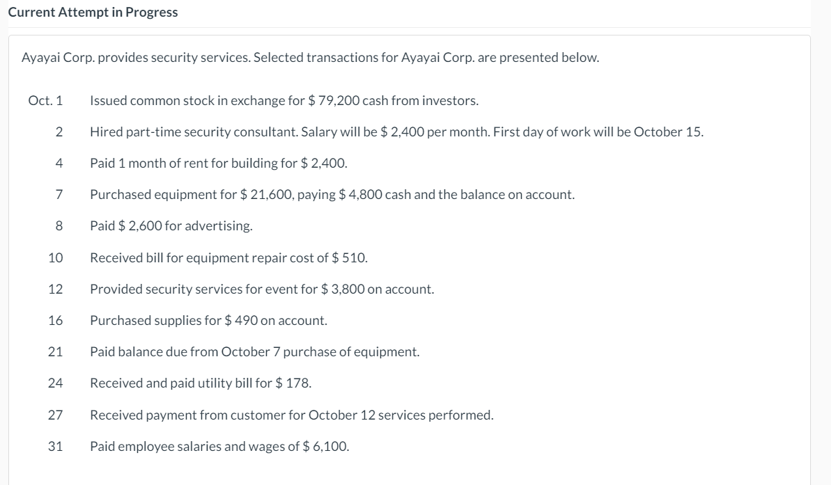  Current Attempt in Progress Ayayai Corp. provides security services. Selected transactions