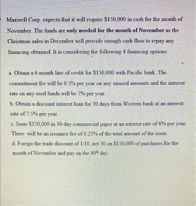 Maxwell Corp. expects that it will require $150,000 in cash for