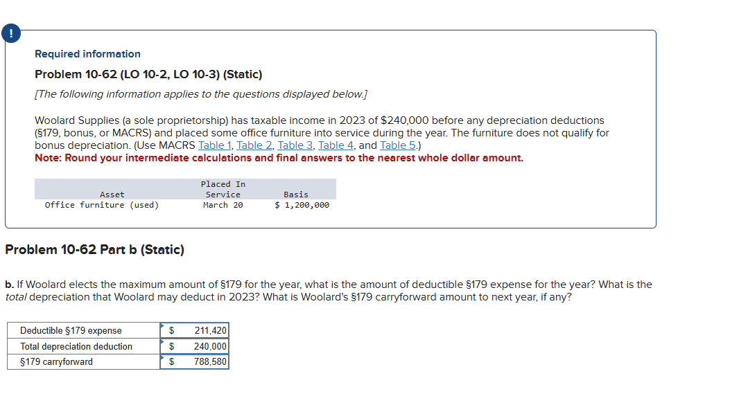  ! Required information Problem 10-62(LO 10-2, LO 10-3)(Static) [The following information
