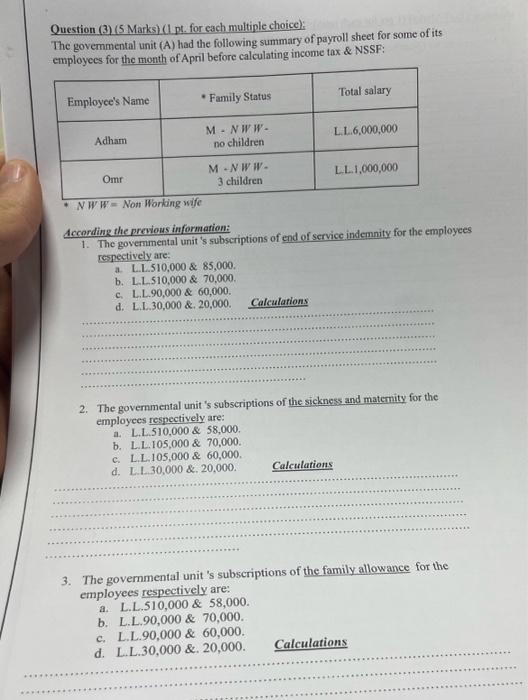  Question (3) (5 Marks) (1. pt. for each multiple choice): The