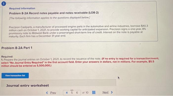  Required information Problem 8-2A Record notes payable and notes receivable (L08-2)
