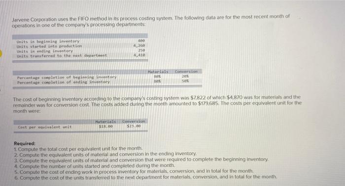  Jarvene Corporation uses the FIFO method in its process costing system.