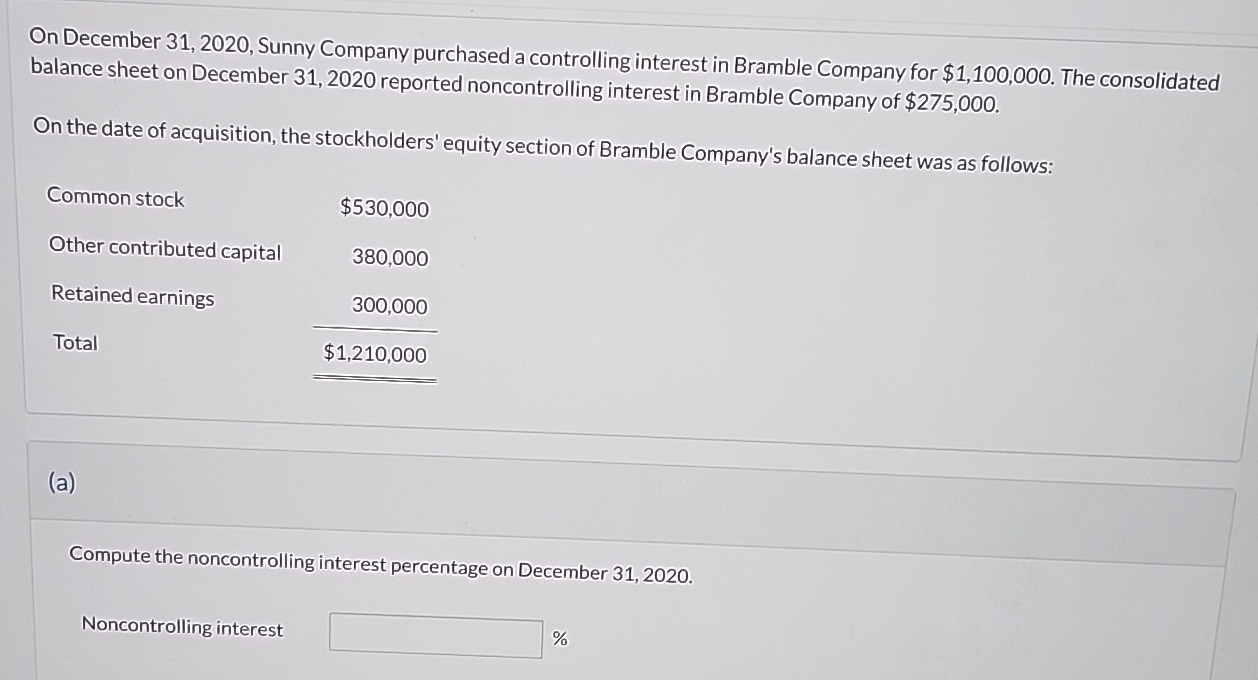 On December 31,2020, Sunny Company purchased a controlling interest in Bramble