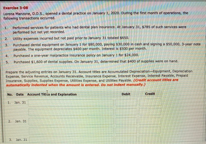  Exercise 3-08 Lorena Manzone, D.D.S., opened a dental practice on January