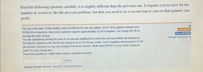 nail salon. Fixed monthly cost is $5,697.00 for rent and utitities, $6,487.00