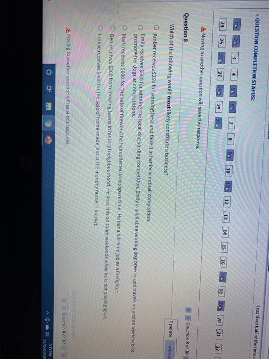  QUESTION COMPLETION STATUS: Less than half of the timer 10 3