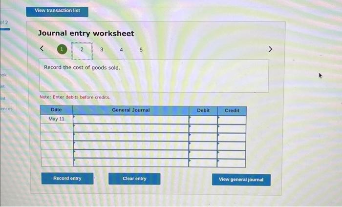 cost of sales return. Note: Enter debits betore credits, Journal entry worksheet