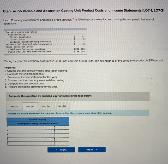 Unit Product Costs and Income Statements (L07-1, LO7 Lynch Company manufactures and