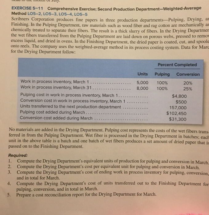  EXERCISE 5-11 Comprehensive Exercise; Second Production Department-Weighted-Average Method LO5-2, LO5-3, LO5-4,