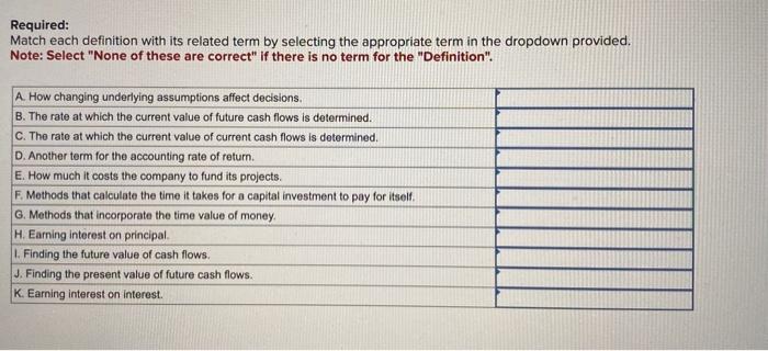  Required: Match each definition with its related term by selecting the