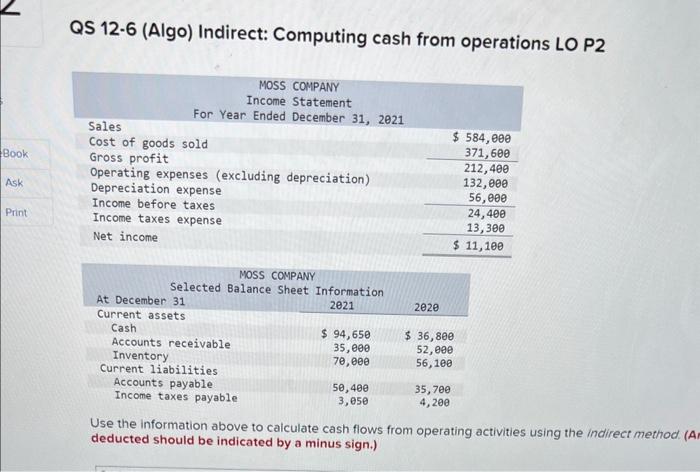  QS 12-6 (Algo) Indirect: Computing cash from operations LO P2 Use