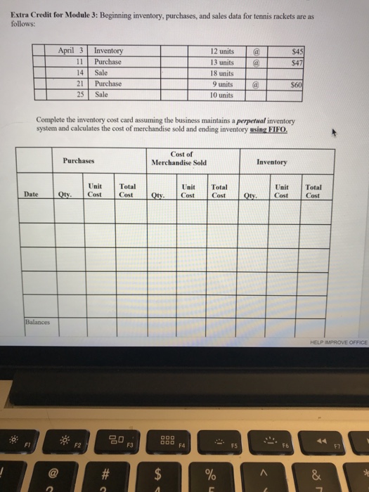  Extra Credit for Module 3: Beginning inventory, purchases, and sales data