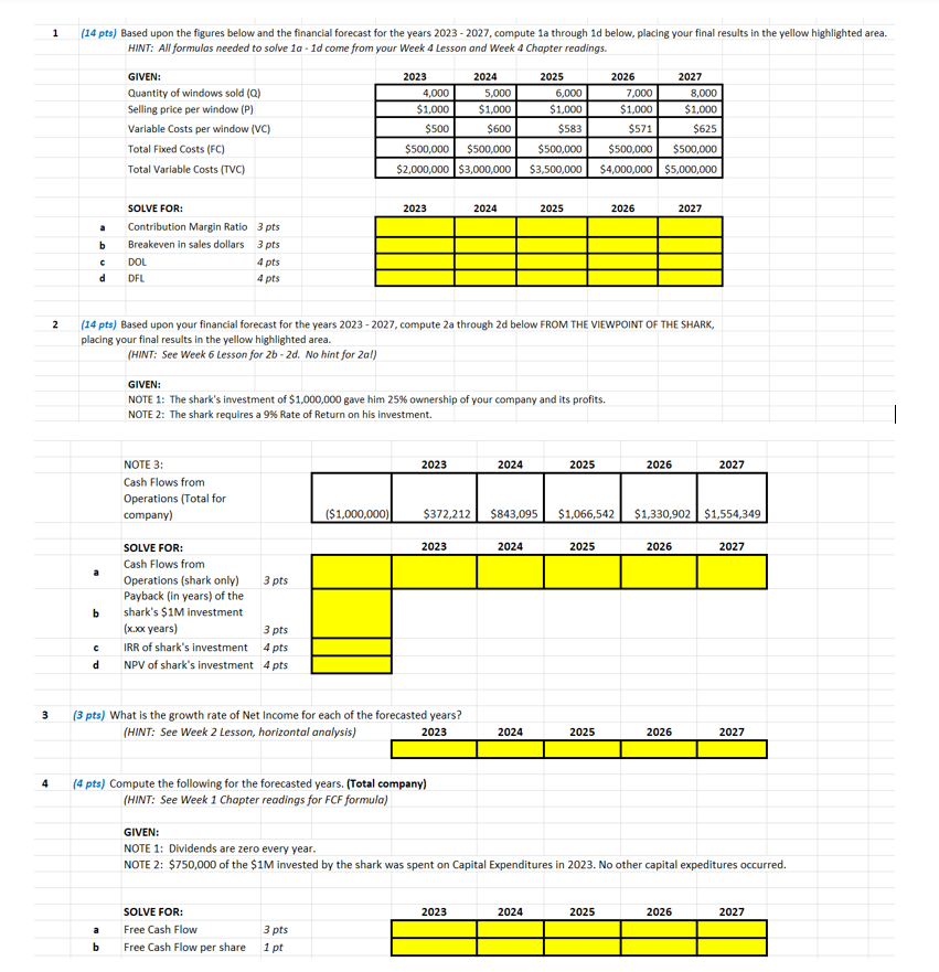  1(14 pts) Based upon the figures below and the financial forecast