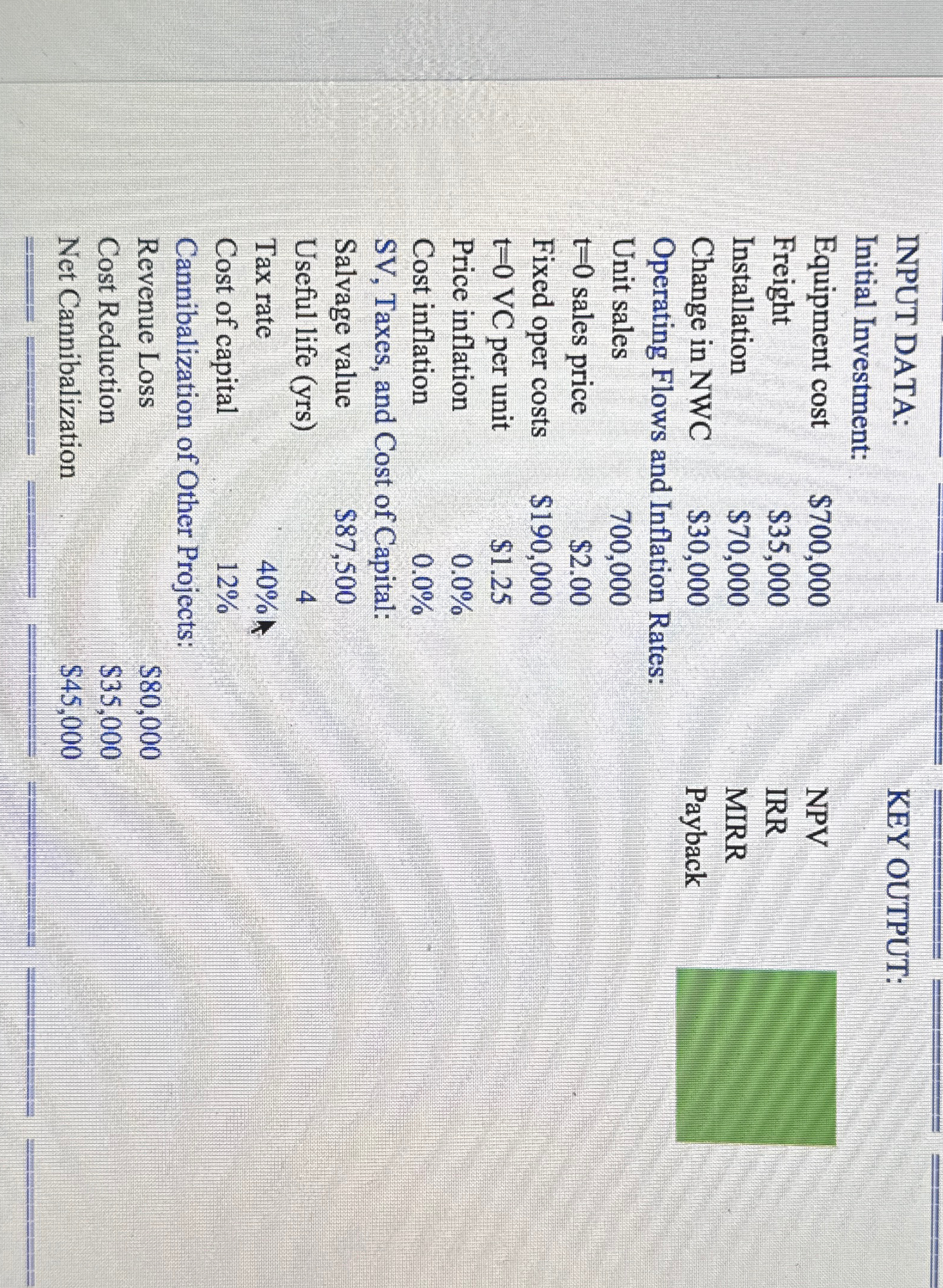  INPUT DATA: KEY OUTPUT: Initial Investment: \table[[Equipment cost,$700,000 