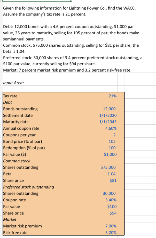 please use excel formulas Given the following information for Lightning Power Co.,