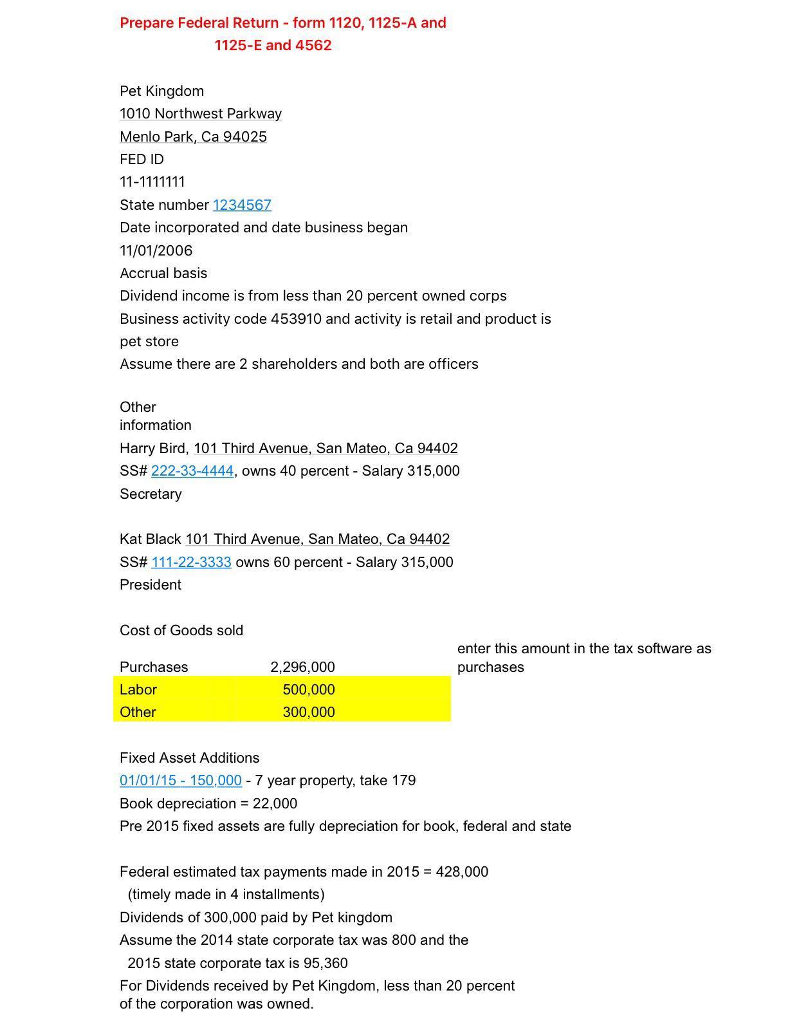 Please help me to do my tax return project by using tax