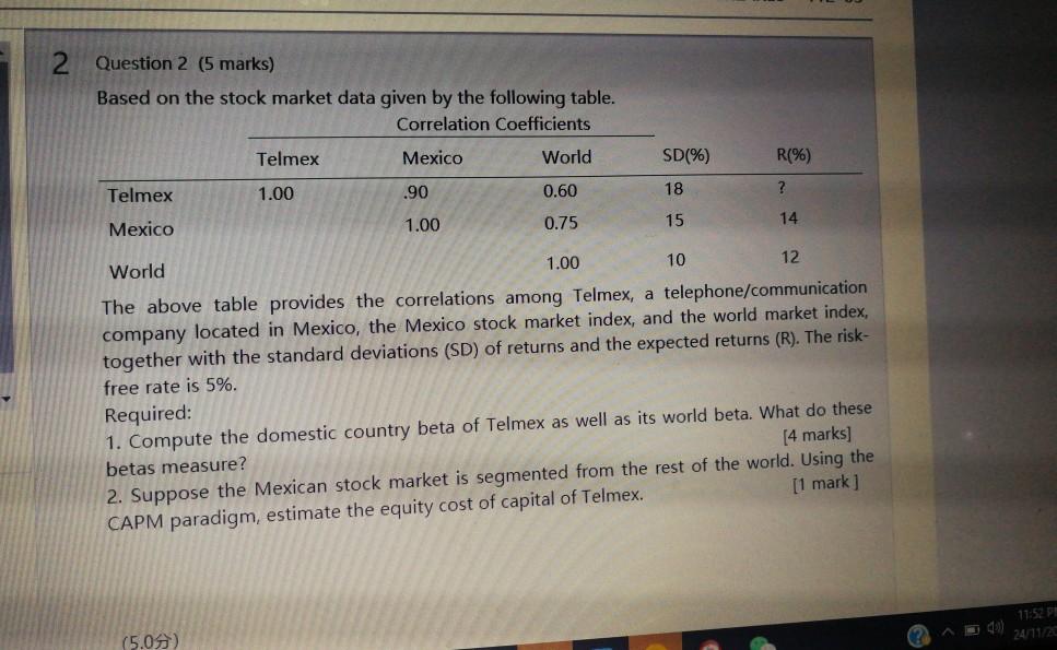 1.00 2 Question 2 (5 marks) Based on the stock market