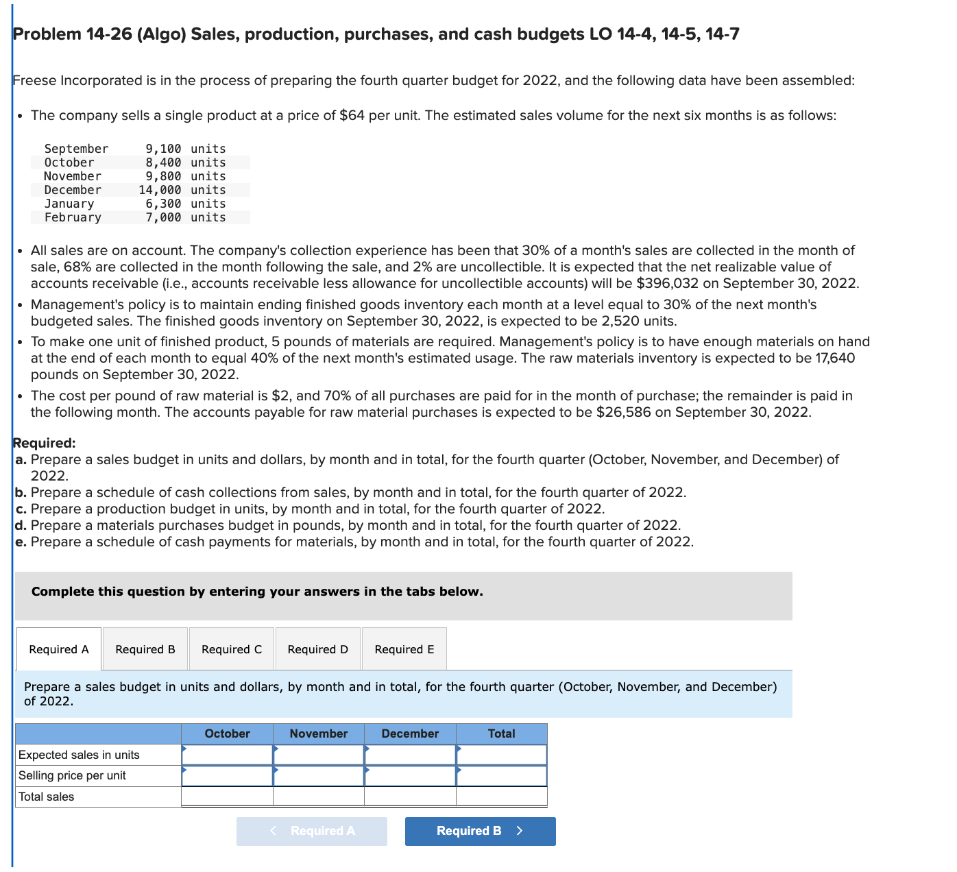 From A to E please, it's due soon. Problem 14-26 (Algo) Sales,
