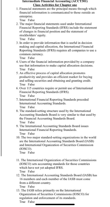  Intermediate Financial Accounting (ACCT301) Class Activities for Chapter one 1. Financial
