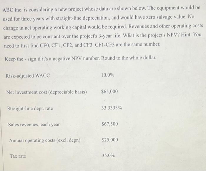  ABC Inc, is considering a new project whose data are shown