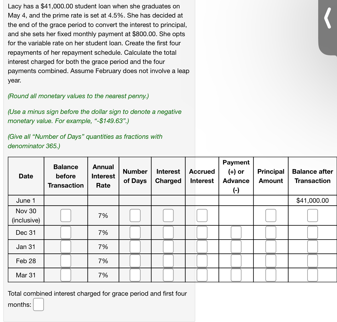  Lacy has a $41,000.00 student loan when she graduates on May