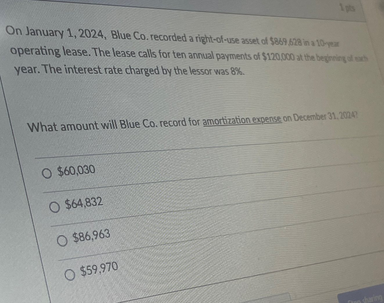  On January 1,2024, Blue Co. recorded a right-of-use asset of $869,628