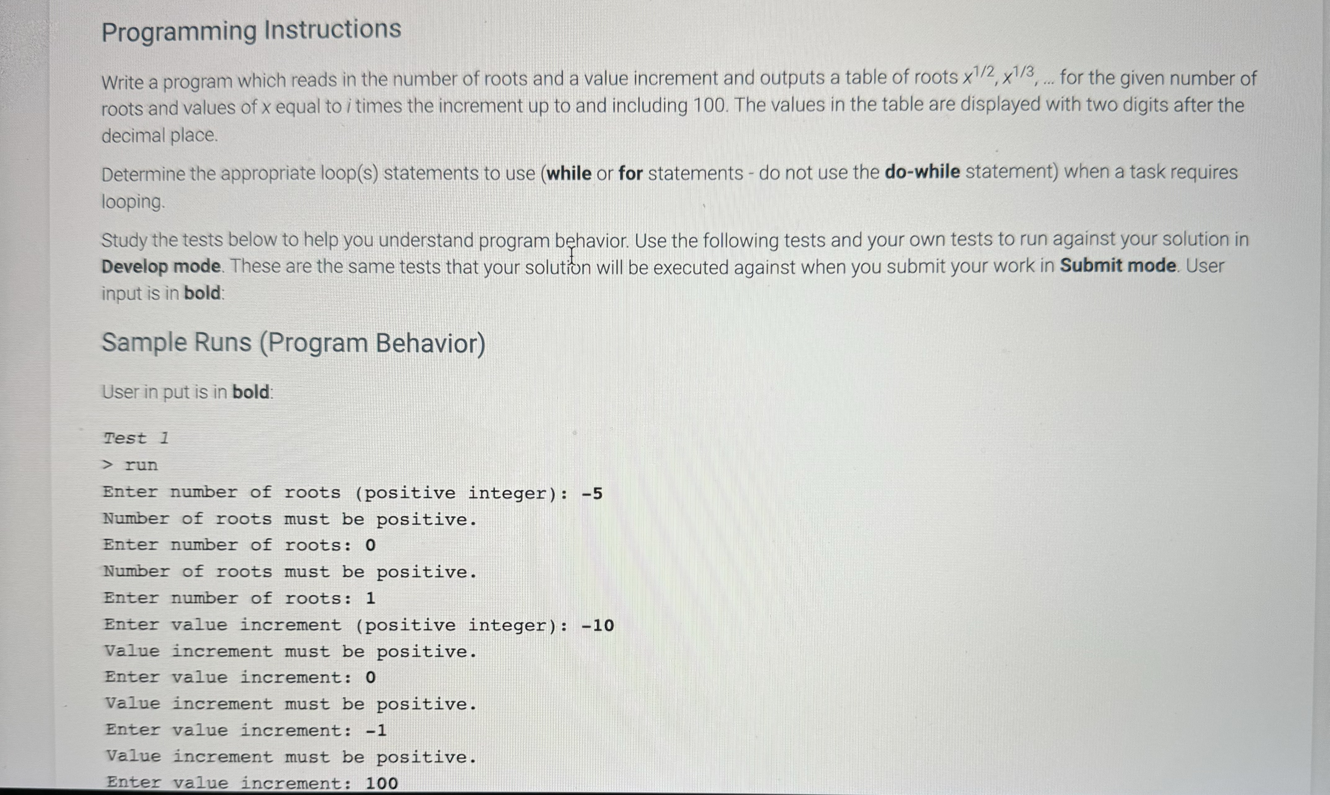  Programming Instructions Test 3 Test 4 > run Enter number of