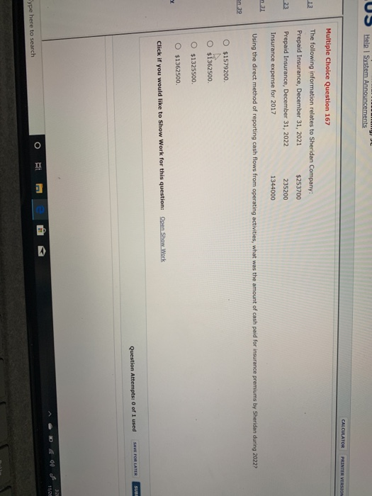  US Help l System Announcements CALCULATOR PRINTER VERSION Multiple Choice Question