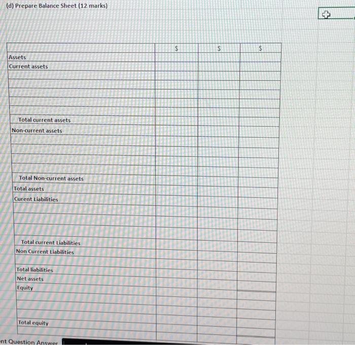 marks) (d) Prepare Balance Sheet (12 marks) c) Prepare Income Statement (10