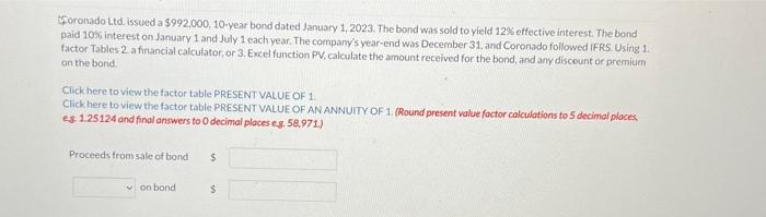  Coronado Ltd. issued a $992,000, 10-year bond dated January 1, 2023.