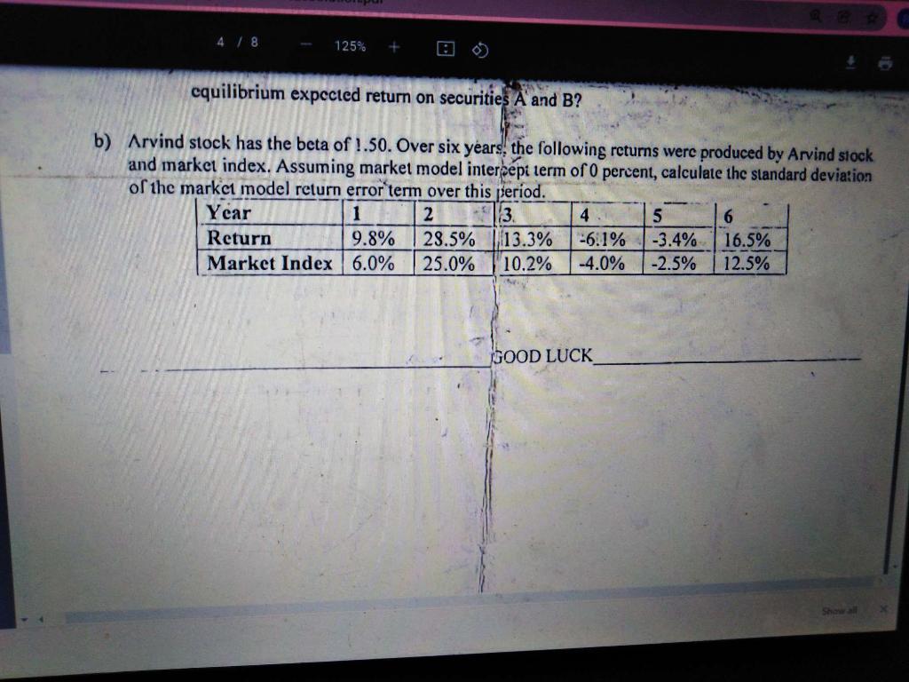 4 / 8 125% + cquilibrium expected return on securities A