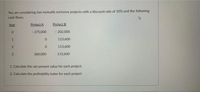  You are considering two mutually exclusive projects with a discount rate