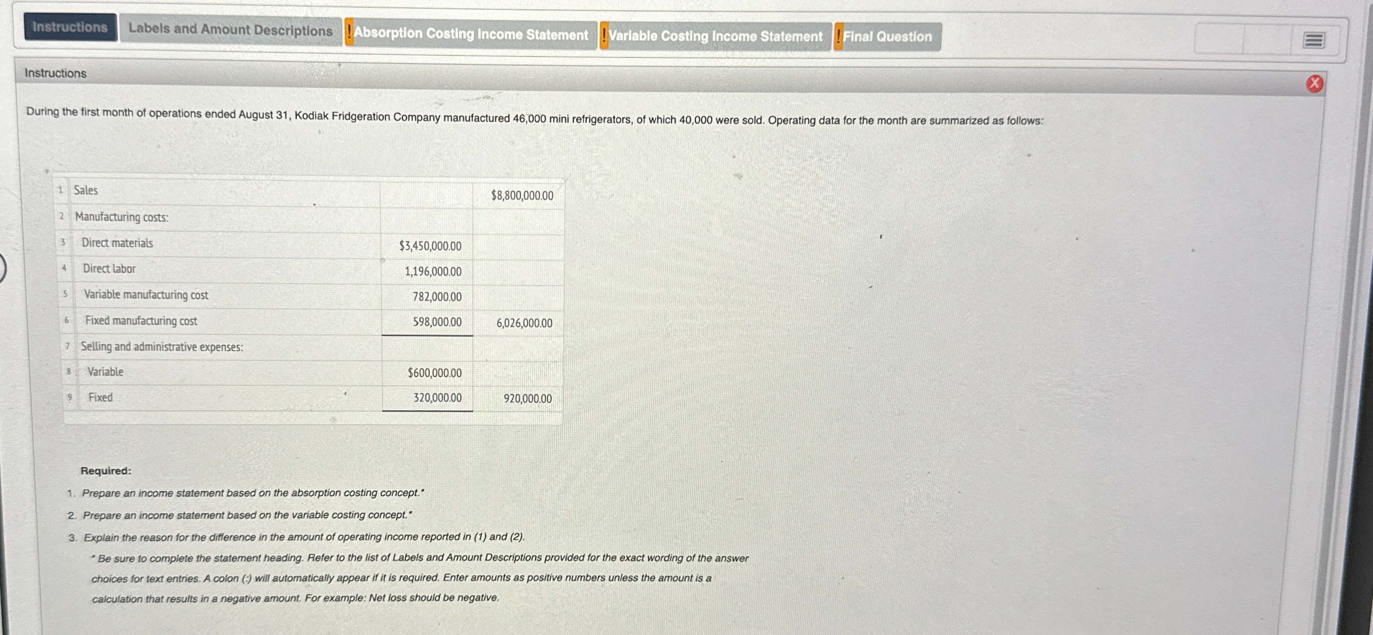 Labels and Amount Descriptions ! Absorption Costing Income Statement ! Variable