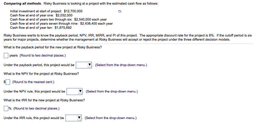  Comparing all methods. Risky Business is looking at a project with