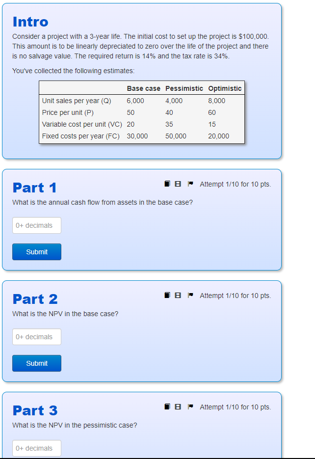  Intro Consider a project with a 3-year life. The initial cost