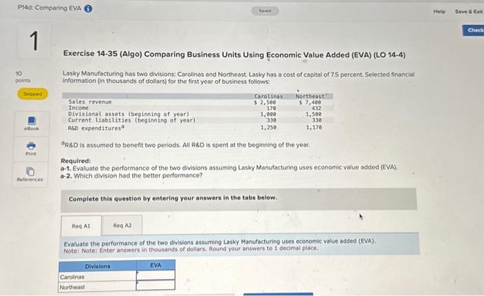  Exercise 14-35 (Algo) Comparing Business Units Using Economic Value Added (EVA)