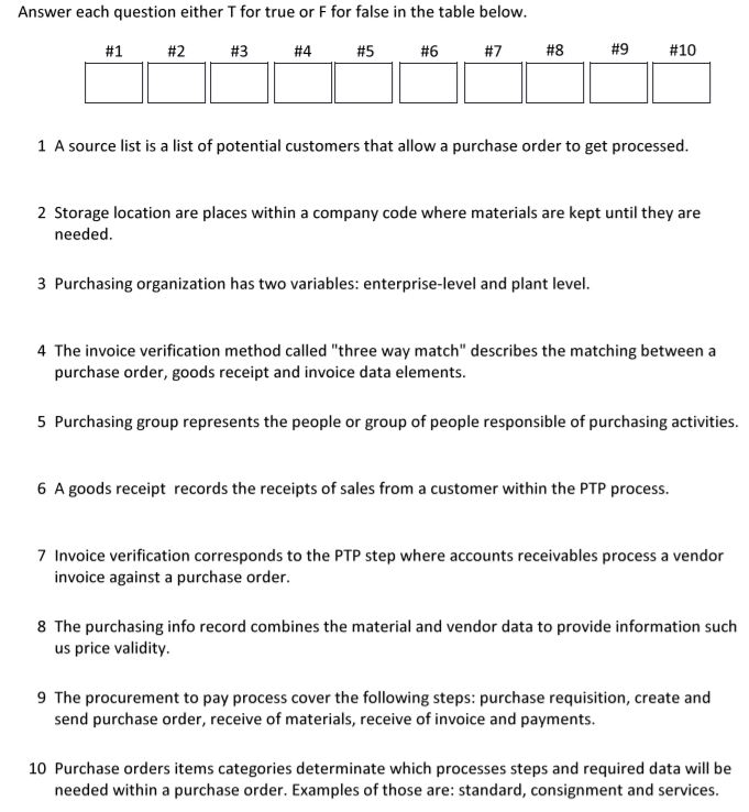  Answer each question either T for true or F for false