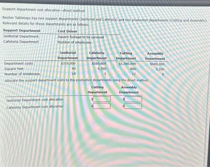  Support department cost allocation-direct method Becker Tabletops has two support departments