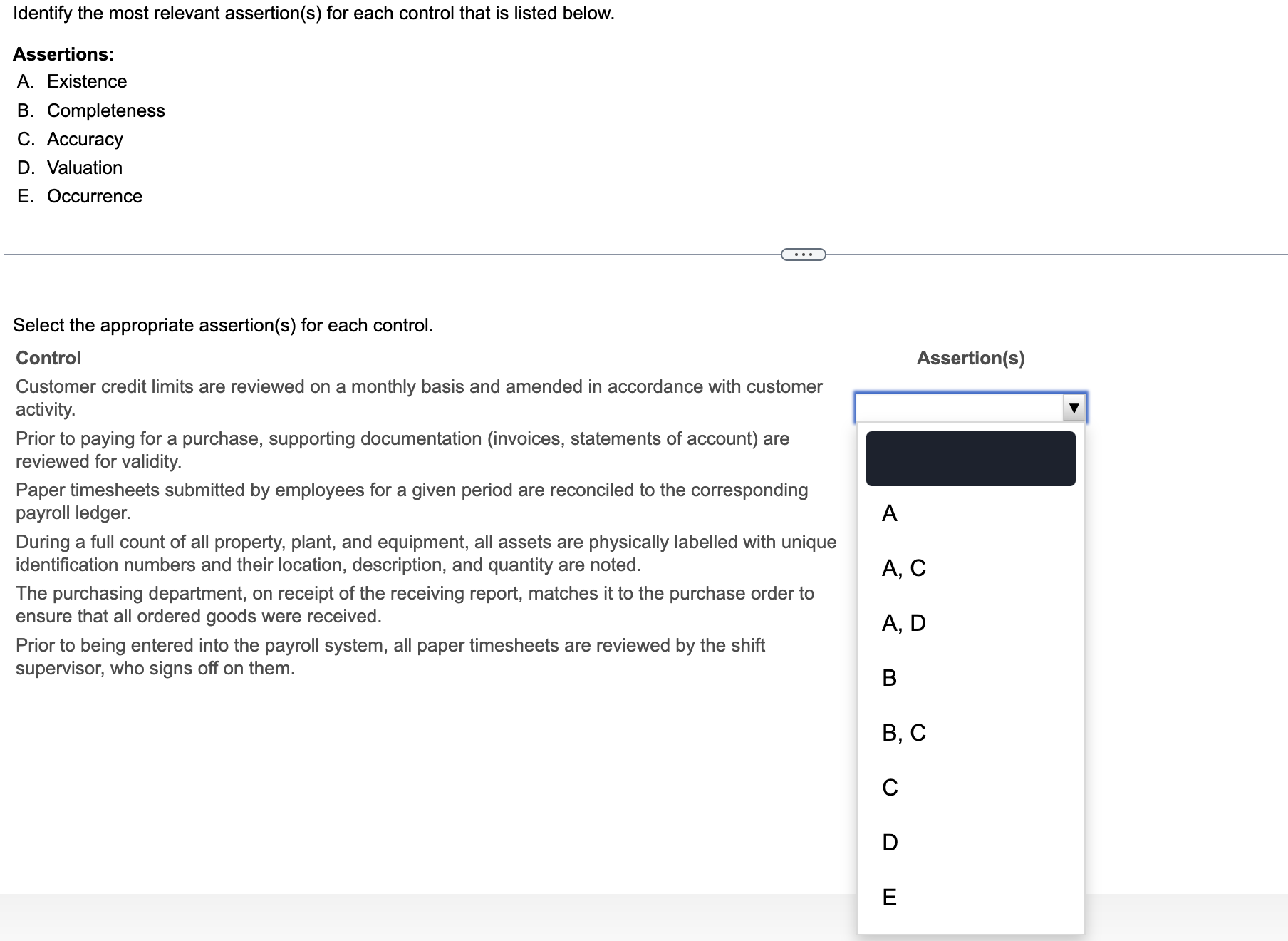 Identify the most relevant assertion(s) for each control that is listed