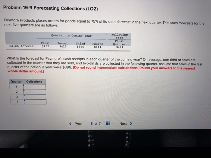  Problem 19-9 Forecasting Collections (LO2) Paymore Products places next five quarters